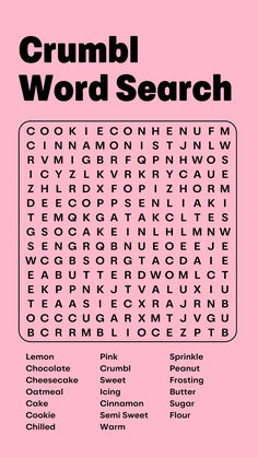 the crumbl word search is shown in black and white on a pink background