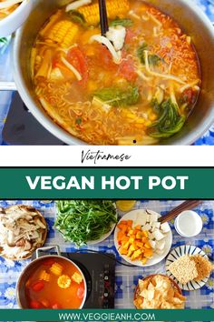 vegan hot pot with vegetables and soup in it