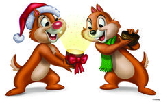 two cartoon animals wearing christmas hats and scarves, one holding a light bulb while the other holds something in his hand