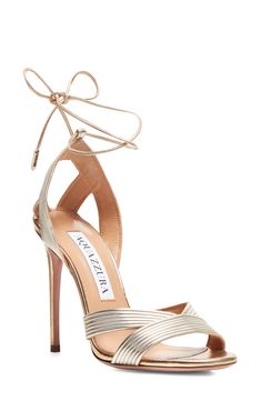 Aquazzura Ari Metallic Ankle Tie Sandal available at #Nordstrom Golden Sandals, Ankle Tie Sandals, Elegant Shoes, Sleek Look, Sandal Women, Heel Shoes, Stiletto Heel, Women Style