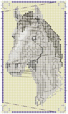 a cross stitch pattern of a dog's head in grey and yellow colors on a white background