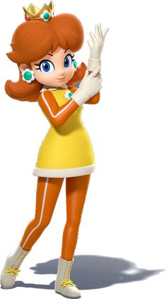 a cartoon character dressed in an orange outfit with a crown on her head and hands up