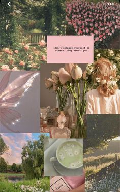 a collage with pink flowers and butterflies