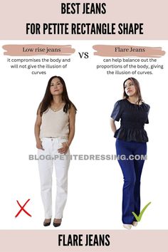 Jeans Style Guide for Petite Rectangle Shape Petite Inverted Triangle, Petite Rectangle, Pants Guide, Light Color Jeans, Inverted Triangle Body Shape, Triangle Body Shape