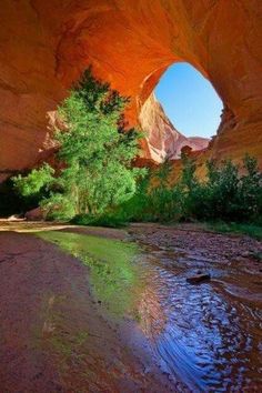 a river running through a canyon under a large rock