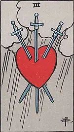 a tarot card with swords in the shape of a heart and clouds above it