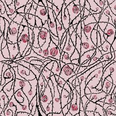 an abstract pattern with red flowers and vines on a pink background that looks like it has been drawn by hand