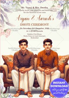 The image is a traditional invitation for a Dhoti Ceremony, celebrating the milestone of two young boys, Anil and Karthik.The bottom part of the invitation features a beautifully illustrated image of the two boys dressed in traditional attire, wearing dhotis with orange and blue borders, and seated on a richly carved wooden sofa adorned with floral cushions. The boys are dressed in earthy-toned shirts, with calm and pleasant expressions, symbolizing the cultural significance and grace of the occasion.
#DhotiCeremony #TraditionalInvitation #IndianCeremony #CulturalCelebration #DhotiInvitation #BoysRiteOfPassage #IndianTraditions #FloralInvitation #FamilyCelebration #MilestoneCeremony #CulturalInvite #EthnicCeremony #SouthIndianTradition #TraditionalAttire #IndianFestivities Carved Wooden Sofa, Traditional Invitation, Two Boys, Invitation Floral, Floral Cushions, Cultural Celebration