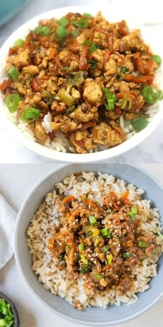 two bowls filled with rice and vegetables on top of a white table cloth next to another bowl full of food