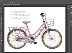 an image of a pink bike with the words clipping path and white background shadow creation