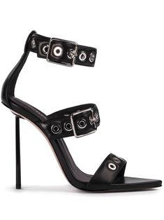 black nappa leather eyelet embellishment buckle-fastening ankle strap open toe high stiletto heel silver-tone hardware Farfetch Shoes, Glam Rock Style, How To Clean Crystals, Black Stiletto Heels, Cream Shoes, Black Stilettos, Black Tweed, Black Leather Sandals, The Boutique