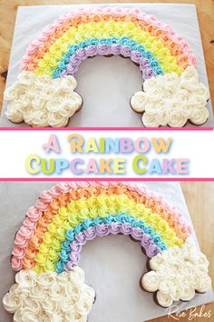 a rainbow cupcake cake with icing on it