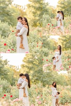 a woman holding a baby in her arms while posing for pictures with flowers behind her