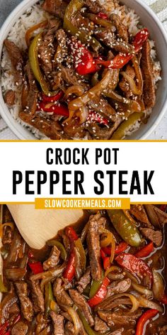 crock pot pepper steak in a bowl with rice and peppers