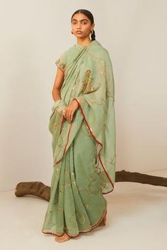 Shop for Sarang Kaur Green Meenakshi Chanderi Silk Saree for Women Online at Aza Fashions Chanderi Silk Saree, Saree For Women, Green Saree, Embroidery Floral, Silk Sarees Online, Silk Dupatta, Floral Motifs, Sea Green, Indian Design