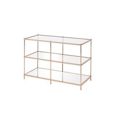 a gold and glass shelf with three shelves on each side, against a white background