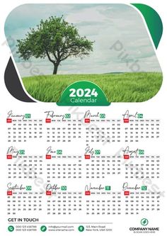 a calendar with a tree in the middle and green grass around it, on a white background