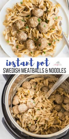 instant pot swedish meatballs and noodles in a slow cooker with text overlay