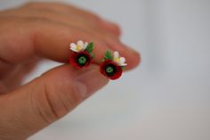 A delicate pair of red poppy and white daisy earrings!  Every petal is handmade and was assembled to a flower first and then to delicate flower composition.  * Flowers are handmade from polymer clay. * Real color can be slightly different from monitor to monitor due to the settings of each monitor. * In making my work I do not use molds, which are hand-molded. Flower size appoximate 1.5 cm Note! The earrings are made to order. The design may be a little different from that of the earrings in the Red Jewelry With 3d Flower Details, Cute Red Flower Jewelry, Red Handmade Flower Earrings, Handmade Flower-shaped Red Earrings, Red Flower-shaped Earrings With Handmade Flowers, Cute Flower-shaped Earrings For Wedding, Cute Flower Earrings For Wedding, Red Earrings With 3d Flowers For Gift, Dainty Handmade Red Earrings