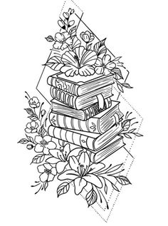 a stack of books sitting on top of each other in front of flowers and triangles