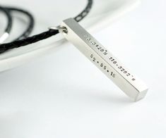 Men's Personalized Leather Bar Necklace Stainless Steel Bar - 15 Characters per side Max Leather 4mm for Necklace Dimensions are 1/4" x 1/4" x 1 1/4" length Mens Necklace Personalized, Necklace Bar, Mens Necklace Pendant, Bar Necklace Personalized, Necklace Mens, Mens Necklace, Gold Chains For Men, Mens Anniversary Gifts, Leather Bar