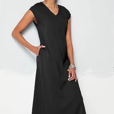 Jjill Wearever Double-Face Jersey Elliptical A-Line Maxi Dress. Size S. Black. Dropped Shoulder, Cap Sleeves, Elliptical Hemline, Princess Seams. Soft, Jersey Knit Fabric. On-Seam Pockets, V-Neckline. The Length Is 47 1/2’’ Center Back. 82% Rayon, 11% Nylon, 7% Spandex. Machine Wash Cold, Dry Flat. The Six Picture In Green Added Only For Style Description Purpose. Elegant Shift V-neck Maxi Dress, Elegant Shift Maxi Dress With V-neck, Elegant V-neck Shift Maxi Dress, Elegant V-neck Maxi Dress, Elegant Black Shift Maxi Dress, Casual Black V-neck Dress For Daywear, Beaded Maxi Dress, Spring Maxi Dress, A Line Maxi Dress