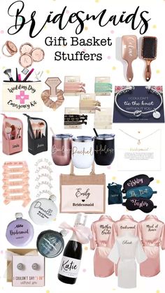 the bridesmaid gift basket is filled with personalized items