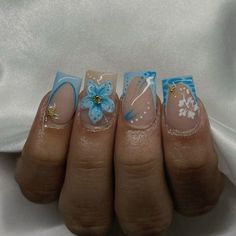 Nail Coffin Design Ideas, Stitch Birthday Nails, Simple Blue Nail Designs Short, Cute Nail Inspo Square, Under The Sea Nails Acrylic, Blue Butterfly Nails Short, Cute Short Nails Blue, Blue Short Nails Design, Cute Basic Nail Designs