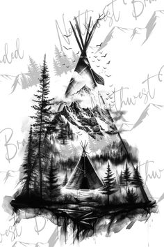 a black and white drawing of a tent in the woods