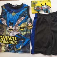 1- Sponge Bob Swim Goggles Blue Red Size 4 Yrs. And Up Plastic 1 Short Set Size 4-T Blue Black -Caped Crusader Top Sleeve Tank--Pull On Shorts Polyester Top--Chest--24"--L--16"--Shorts--W--18"--Side Length--13 1/2" Playful Black Sets With Character Print, Caped Crusader, Swim Goggles, Sponge Bob, Swimming Goggles, Polyester Top, Short Set, Kids Bottoms, Short Sets