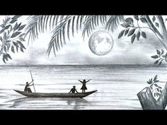 a drawing of two people in a boat on the water with trees and moon above them