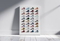 a white poster with many pairs of shoes on it in front of a gray wall