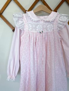 This set is 2 pieces.  Brand is Bryan  Measurements:  -shoulder to hem: 27 inches -armpit to armpit 12 inches  Condition: 8/10 due to spot on sleeve as seen in photo Vintage Pink Nightgown For Spring, Pink Cotton Nightgown With Lace Trim, Pink Vintage Sleepwear, Vintage Pink Sleeveless Nightgown, White Baby Dress, Red Christmas Dress, Vintage Pink V-neck Nightgown, Vintage Nightgown, Rose Vintage