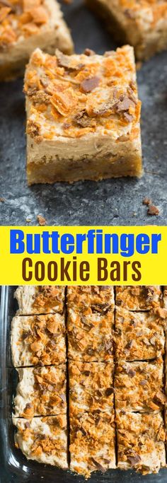 butterfingered cookie bars are stacked on top of each other