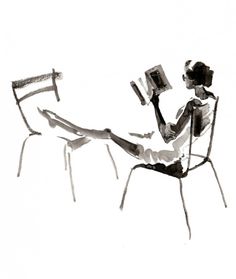 a drawing of a person sitting in a chair with a book on their lap, reading