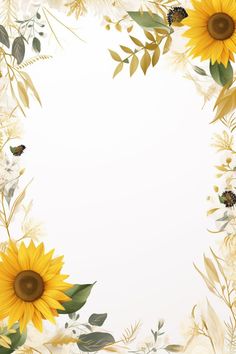 sunflowers and leaves are arranged in a square frame