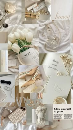 a collage of white and gold wedding items