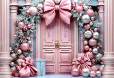 a pink door decorated with ornaments and bows