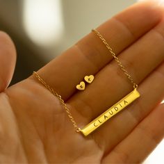 This personalized custom name bar necklace is one of our best selling necklace. Great for birthday, friendship, mother's day and bridesmaids gift. Bar size: Width 30mm x Height 4mm Adjustable chain: 15-17in (38-43cm) Laser Engraving Gold Vermeil Spring clasp closure Hypoallergenic, lead and nickel free #254G Minimalist Customized Name Necklace As Personalized Gift, Minimalist Customized Name Necklace As Gift For Mom, Minimalist Customized Name Necklace For Mom, Minimalist Customized Name Necklace For Personalized Gift, Customized Minimalist Name Necklace For Personalized Gift, Minimalist Name Necklace Gift For Mom, Minimalist Custom Name Necklace As Gift For Mom, Minimalist Custom Name Necklace For Mom, Minimalist Custom Name Necklace Gift For Mom