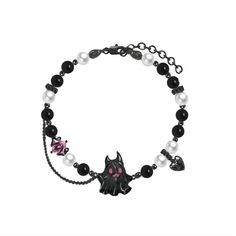 Description:Black and White Little Ghost BraceletSpecifications:Material: copper, rhinestone, cubic zirconia, enamel, artificial pearl, silverColors: Black/WhiteSize: 16.5 cm + 5 cm extWeight: 11.9 g/pc This adorable Black and White Little Ghost Bracelet is the perfect accessory for any ghost lover. Its unique design features a playful ghost charm, adding a touch of whimsy to any outfit. Made with high-quality materials, this bracelet is both stylish and durable. 👻🖤 Black Alloy Halloween Jewelry, Black Alloy Jewelry For Halloween, Black Alloy Bracelets For Gift, Black Metal Bracelets For Halloween, Black Metal Bracelet For Halloween, White Alloy Bracelets For Party, Adjustable Black Alloy Bracelets, Black Metal Chain Bracelet For Party, Adjustable Black Pearl Bracelet