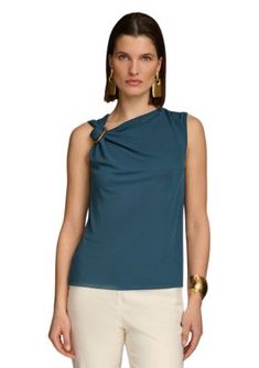 An asymmetrical neckline adds dimensional style to this sleeveless top from Donna Karan. | Donna Karan New York Women's Sleeveless Solid Knit Top, Navy Blue, X-Large Chic Asymmetrical Neckline Knit Top For Spring, Modern One-shoulder Top For Workwear, Modern One-shoulder Top For Work, Chic Asymmetrical Neckline Top For Work, Casual One Shoulder Tops For Workwear, Versatile Top With Asymmetrical Neckline, Summer Workwear Top With Asymmetrical Neckline, Chic Spring Knit Top With Asymmetrical Neckline, Chic Sleeveless Knit Top