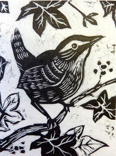 a black and white drawing of a bird sitting on a branch with leaves around it