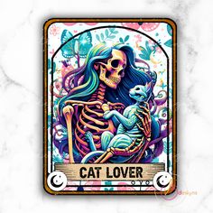 a card with a skeleton holding a baby in it's arms and the caption cat lover