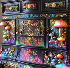 an ornate dresser with many colorful decorations on it