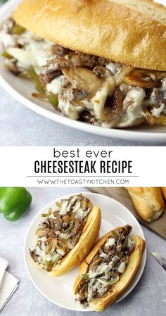 the best ever cheesesteak recipe on a white plate with green peppers in the background