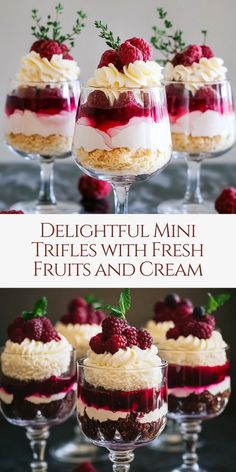 three desserts with raspberries and cream in small glass dishes on a table