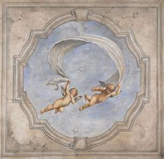 two cherubs flying in the sky with a dolphin