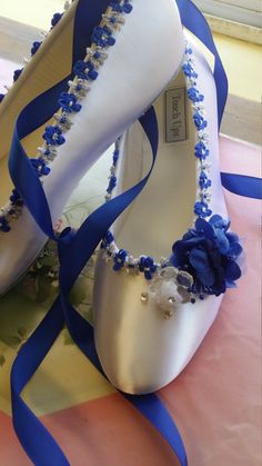 Wedding Flats Royal Blue flowers with silver trim White satin shoes, Something Blue Wedding Flats, L Blue Round Toe Wedding Shoes, Blue Wedding Flats, White Wedding Shoes Flats, Wedding Shoes White, Royal Blue Flowers, Blue Garter, Blue Wedding Shoes, Royal Blue Wedding, Something Blue Wedding