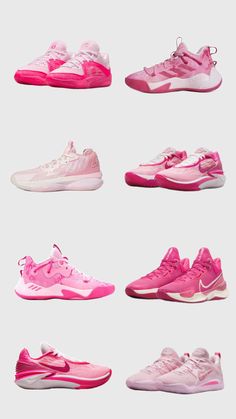 the nike basketball shoes are all in pink and white, with different colors on them