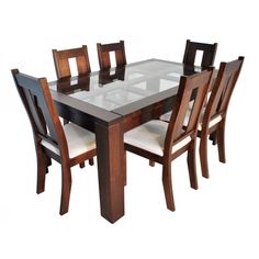 a glass dining table with wooden chairs and white upholstered cushions on the side